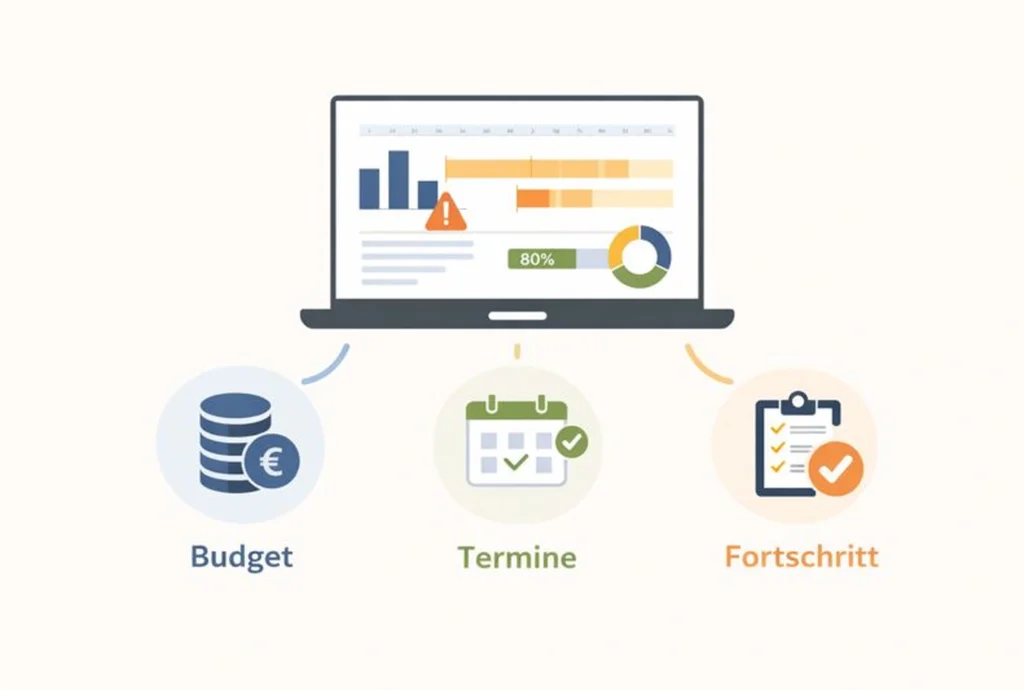 Infografik zeigt, wie Business Intelligence Projekte steuert, indem Budget, Termine und Fortschritt übersichtlich in einem Dashboard dargestellt werden.