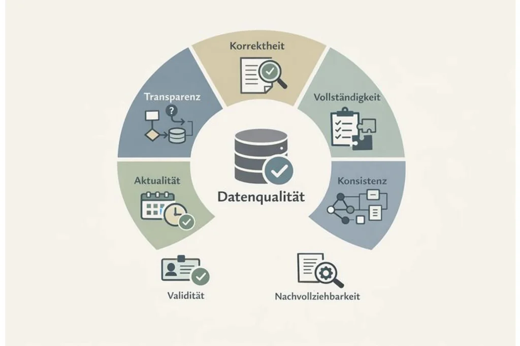Ringförmige Infografik zu zentralen Dimensionen der Datenqualität mit Fokus auf Konsistenz, Vollständigkeit, Aktualität, Korrektheit und Transparenz.