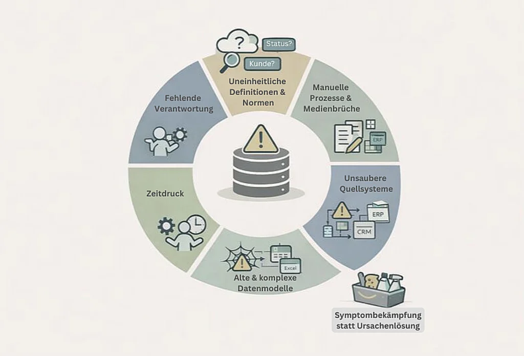 Kreisförmige Infografik mit häufigen Ursachen von Datenqualitätsproblemen und Hinweis auf Symptombekämpfung statt nachhaltiger Ursachenlösung.