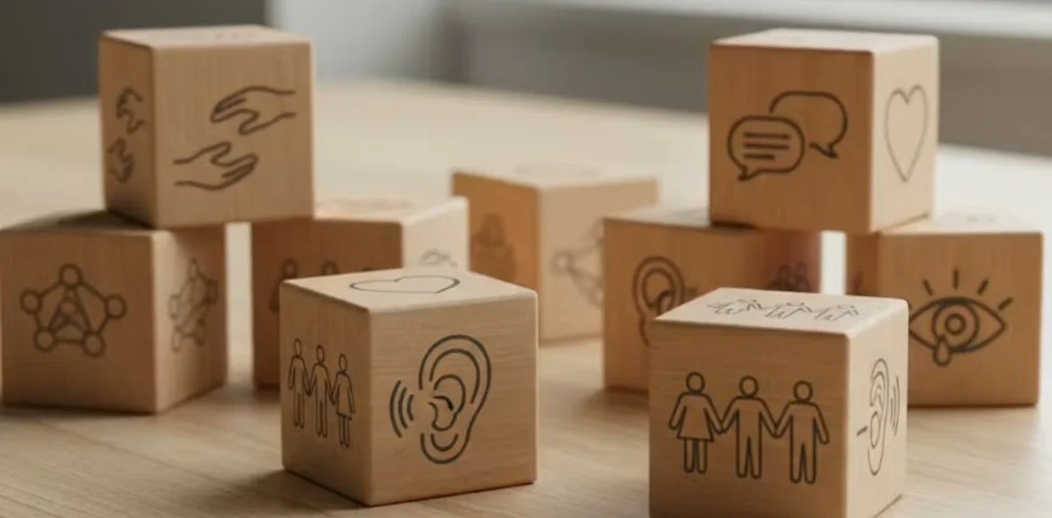 Würfel, die verschiedene Icons passend zu Moderne Führung aufgedruckt haben.